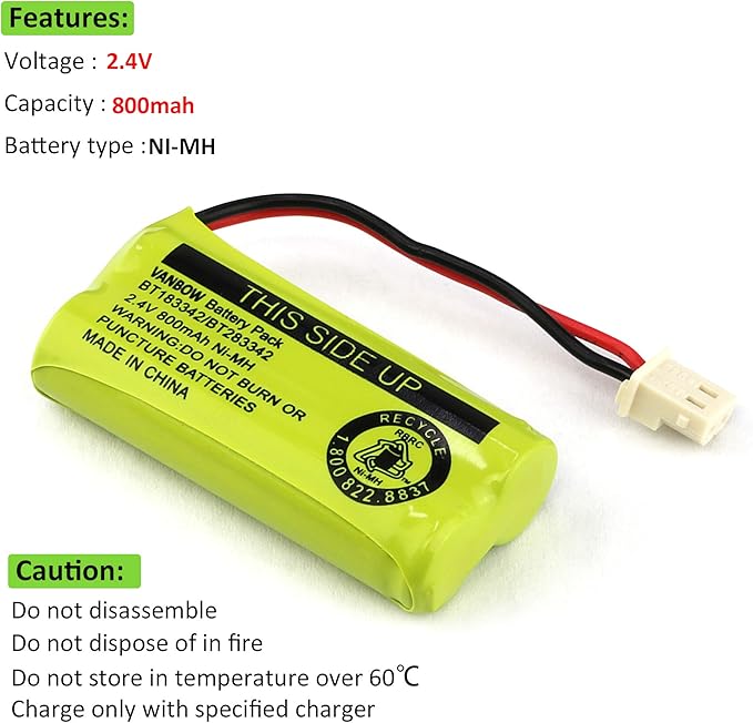 BT183342/BT283342 2.4V 800mAh Ni-MH Battery Pack, Compatible with AT&T VTech Cordless Phone Batteries BT166342/BT266342 BT162342/BT262342 CS6709 CS6609 CS6509 CS6409 EL52100 EL50003 (Pack 4)