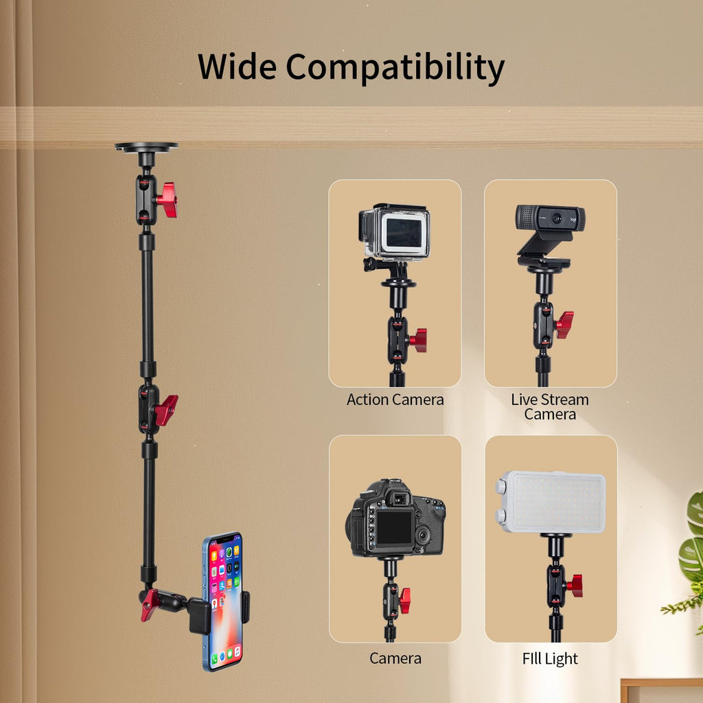 Wall Mounted Phone Holder Magic Arm 360° Rotation Adjustable Metal Base Screw in Wall Sturdy for Kitchen Bedroom Home 22 Inch ABS Phone Clip