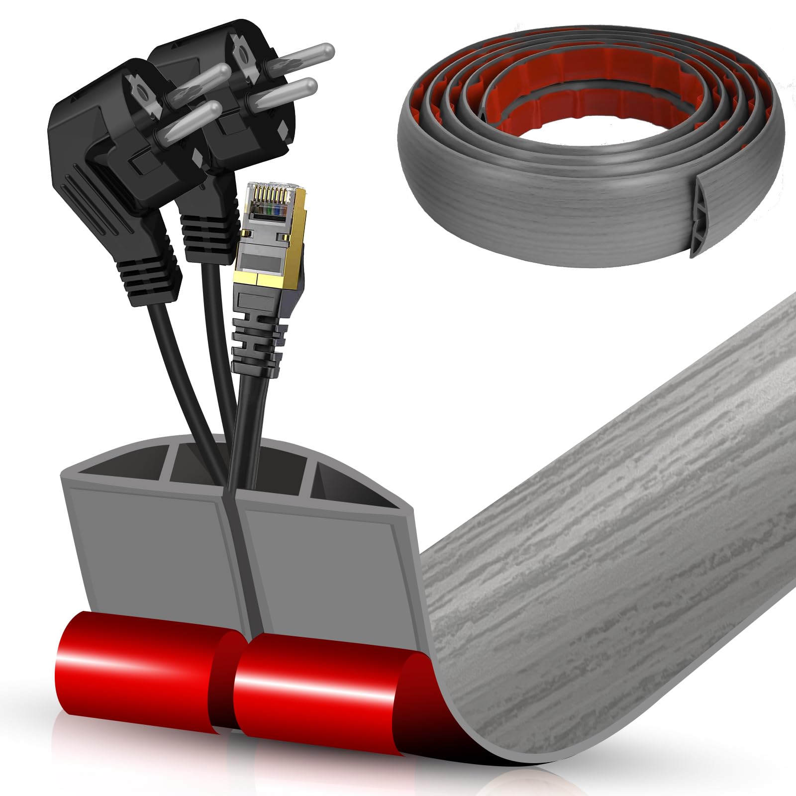 Floor Cord Cover Cavity 0.8"x0.37" Self Adhesive Cord Hider, 10FT Low Profile Cable Management, Extension Strip Protector for Wires, Prevent Cable Trips for Offices, Gyms, Exhibitions (Gray Wood)