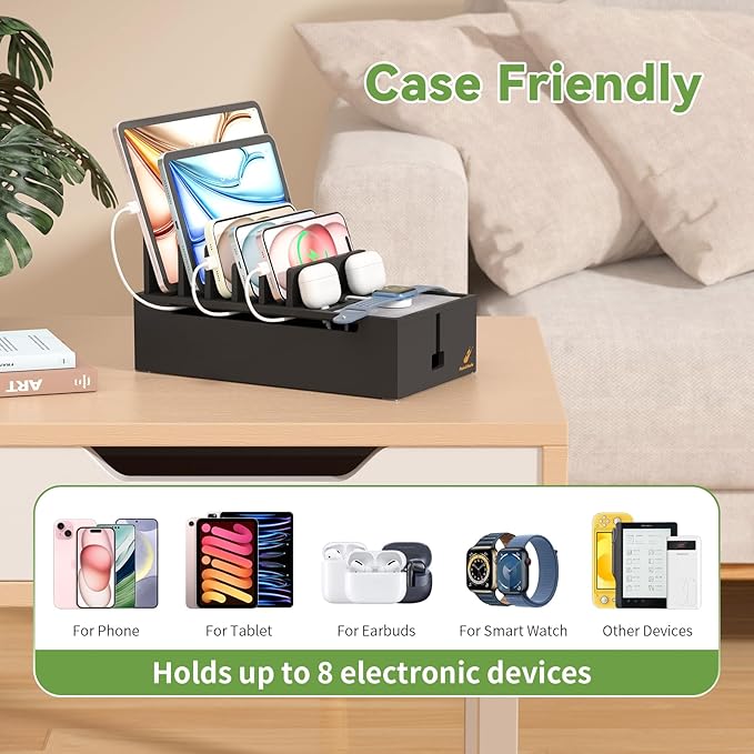 Pezin & Hulin Natural Bamboo Cable Management Box, Wire Organizers for Cords, Charge Station Box, Desktop Dock Organizer Rack for Electronic Device (Include 6 Cables)(No Power Adapter) -Black
