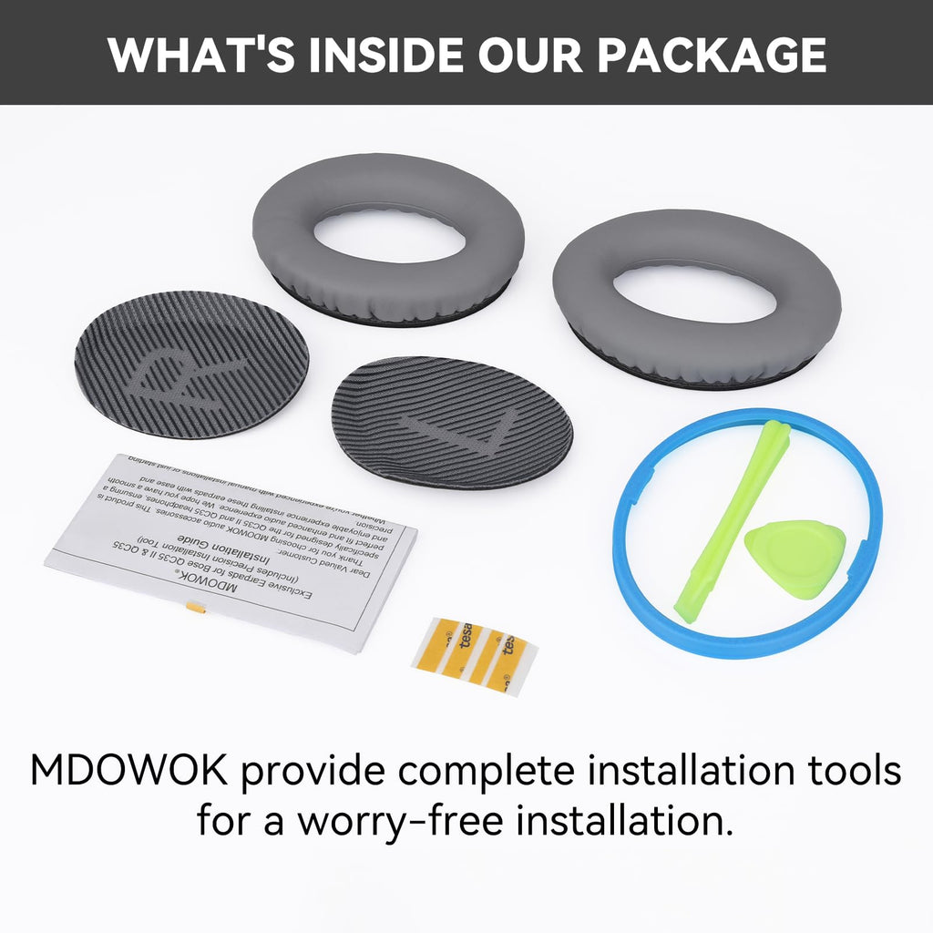 MDOWOK Replacement Earpads Cushions for Bose QuietComfort35&35ii(QC35 II & QC35) Silver Headphones - Professional Positioning Tools Included, Noise-Isolating Memory Foam & Breathable Leather (Grey)