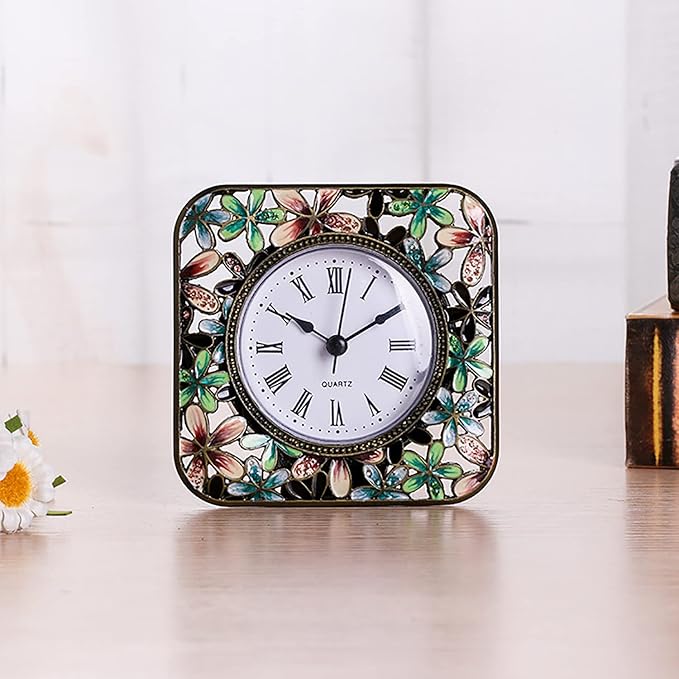 Decorative Mini Table Clock, Vintage Metal Silent Analog Quartz Battery Operated Table Top Clock for Living Room Decor Shelf