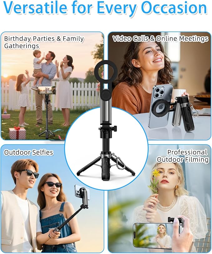 CloudValley Magnetic 4-in-1 Multifunctional Selfie Stick Tripod, Mini Portable Pocket Phone Stand with Detachable Remote, Compatible with MagSafe, for iPhone/Android, Travel Vlog, Live Stream, Black