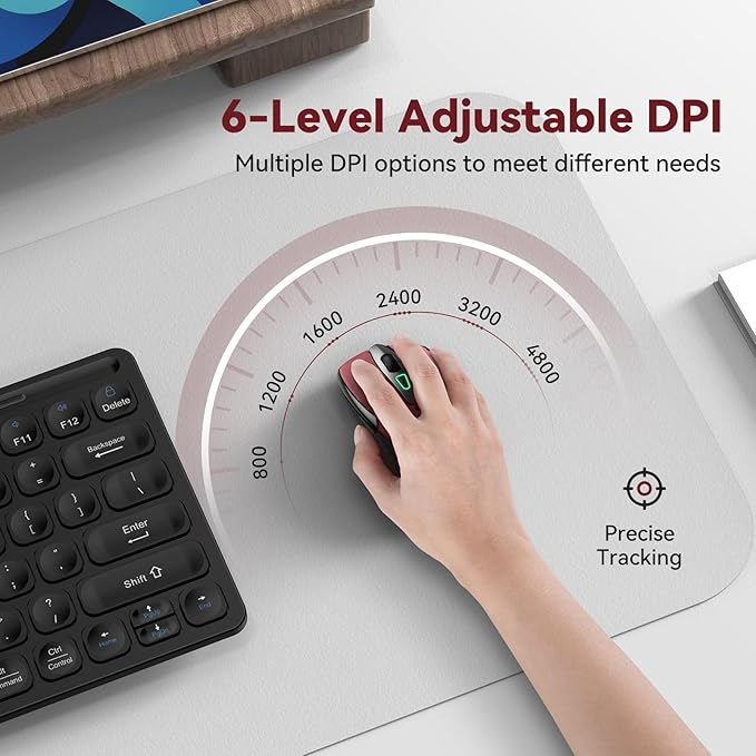 Bluetooth Mouse (BT5.0/3.0 & 2.4G) Rechargeable Wireless Mouse, 4800 DPI Optical Tracking, 6 Adjustable DPI, 2.4GHz with USB A Receiver, Quiet Clicks, Ergonomic Grips, 6 Buttons - Red