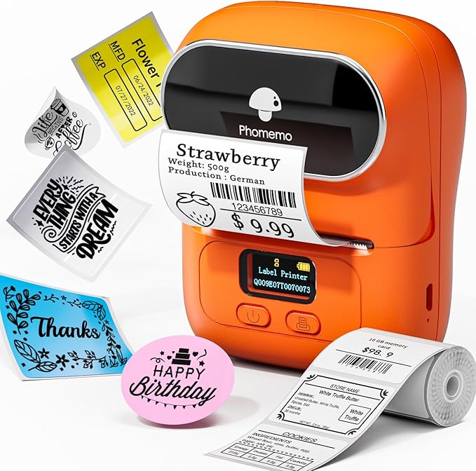 Phomemo M110 Label Maker Machine-Barcode Label Printer, Portable Sticker Maker for Price Tag, Logo,Address, Mailing, Home, Office & Small Business, Compatible with Phones&PC Orange