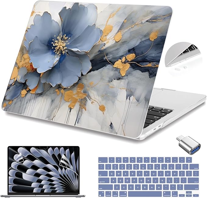 Teryeefi Compatible with A2941 M2/A3114 M3 MacBook Air 15 inch CaseRelease 2023 2024,Design Protective Slim Cover + Keyboard Cover + OTG Adapter for 15.3 inch MacBook Air Liquid Retina, Art Florals