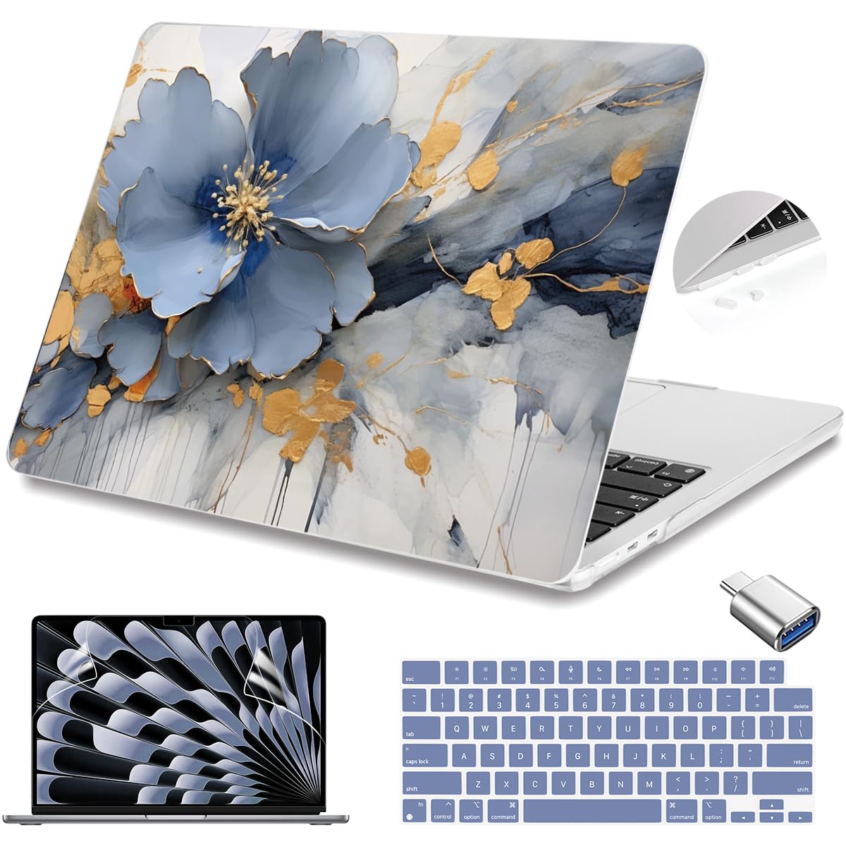 Teryeefi Compatible with A2941 M2/A3114 M3 MacBook Air 15 inch CaseRelease 2023 2024,Design Protective Slim Cover + Keyboard Cover + OTG Adapter for 15.3 inch MacBook Air Liquid Retina, Art Florals