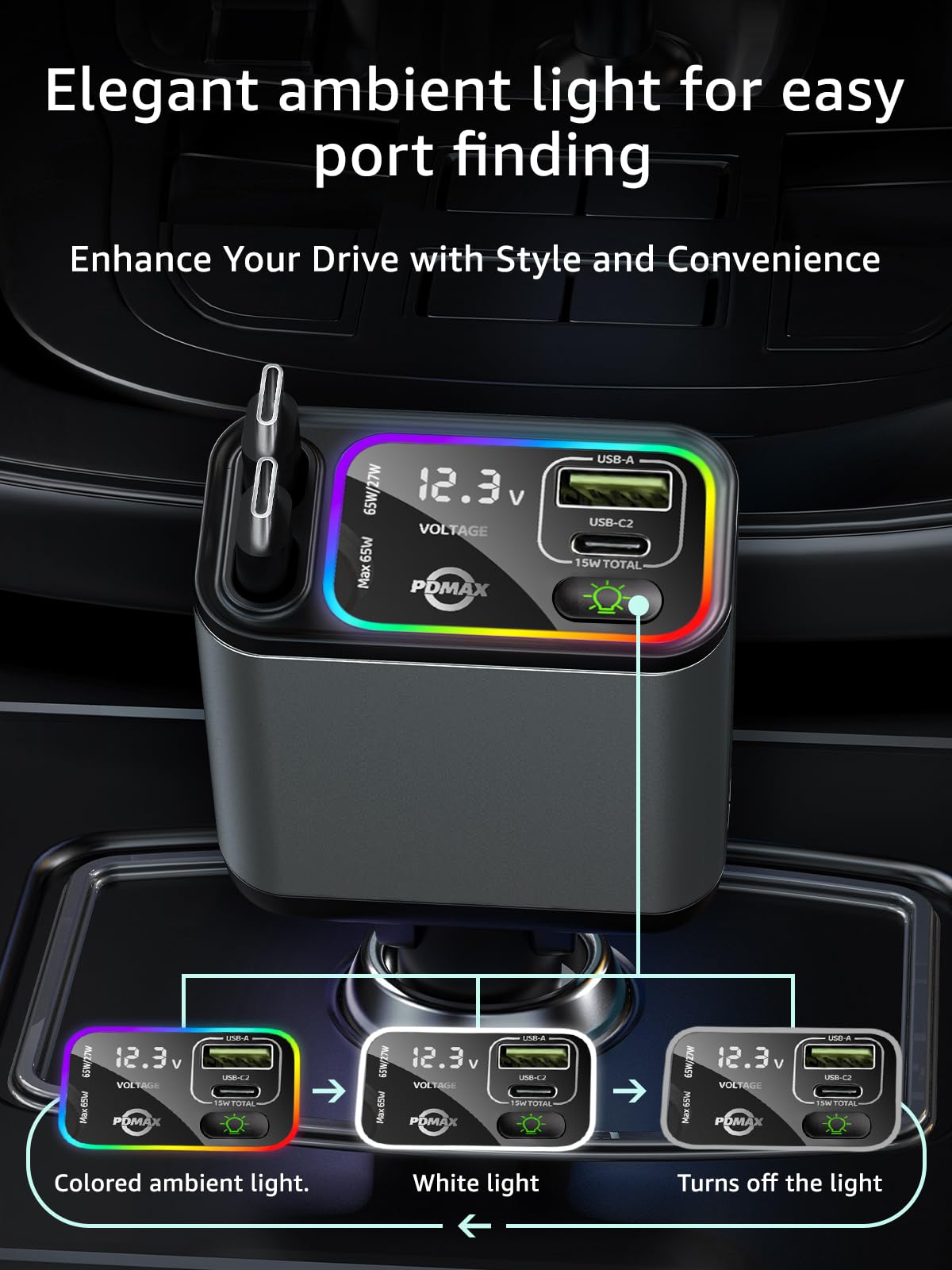 Retractable Car Charger USB C, 145W Max, Dual Cables, Voltage Display & LED