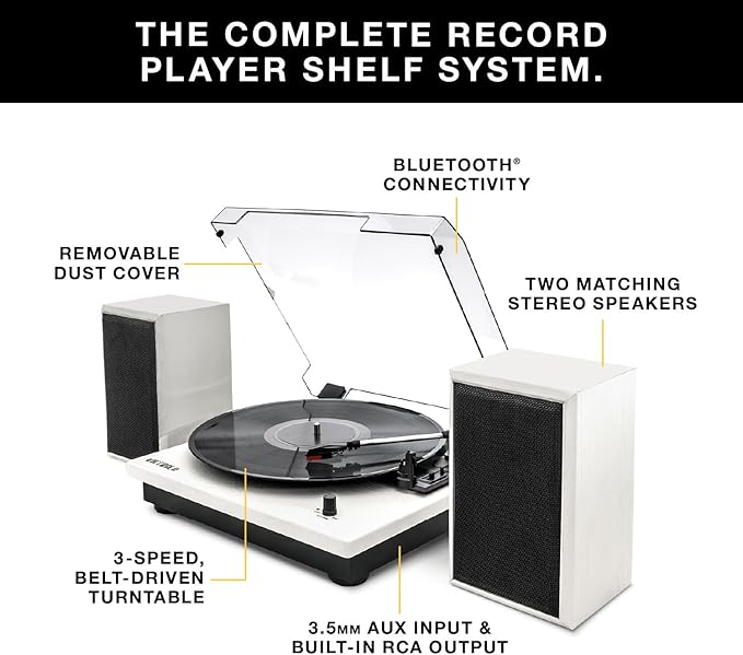 Victrola Montauk Vinyl Record Player, 3-Speed Belt Driven Turntable with Stereo Bluetooth Speaker Pair, RCA Output and 3.5mm Headphone Jack, Removable Dust Cover, Farmhouse Walnut Finish