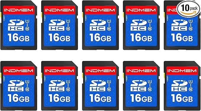 INDMEM SD Card 16GB, 10-Pack UHS-I Class 10 MLC Flash Memory Card, High-Speed Secure Digital Cards for Cameras, DSLR, Action Cams - Reliable Storage