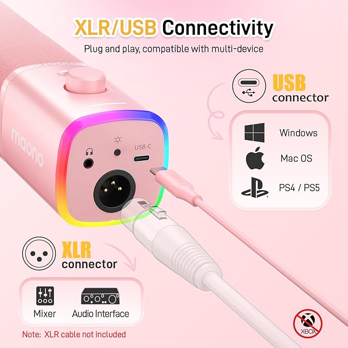 MAONO Dynamic Gaming Microphone: USB XLR Dynamic Computer Microphone with Software-RGB PC Mic for Gamer-Podcast Mic for Streaming Recording Studio YouTube Content Creation Online Chat PD100X (Pink)