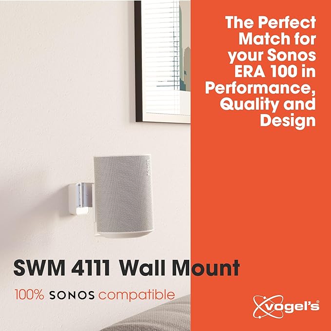 Vogel's SWM 4111 Speaker Wall Bracket for Sonos ERA 100, Max. 11 lbs (5 kg), Tiltable -30º/+30º, Swivels up to 70º (Left/Right), White, 1 Bracket