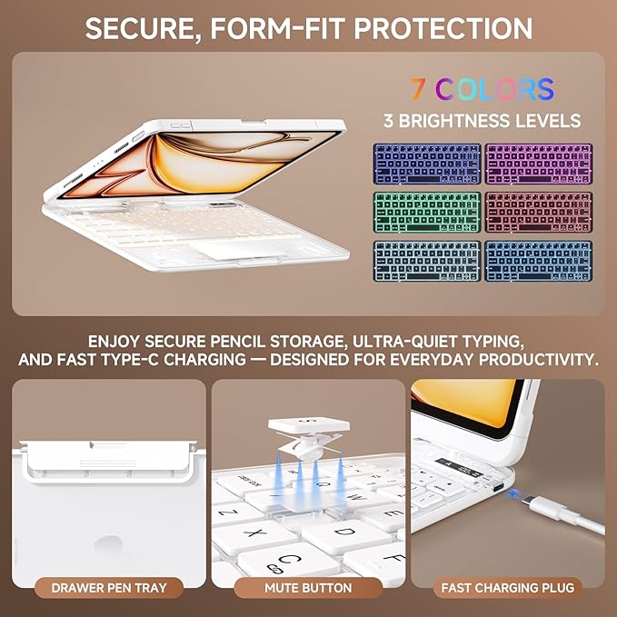 Transparent Case with Keyboard iPad Air (M3/M2,2025/2024) 11 Inch,Compatible 10.9" iPad Air 5th/4th & 11" iPad Pro 4/3/2/1,7-Color Backlit,Wireless Keyboard, 360°Rotating,with trackpad,White
