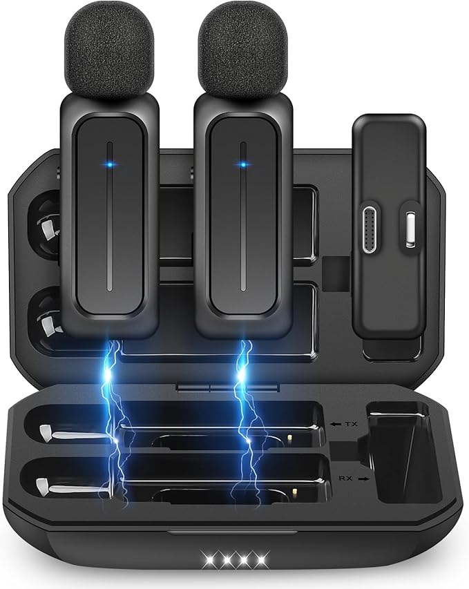 2 Pcs Wireless Lavalier Microphone for iPhone iPad Android with Charging Case 7H Clip on Lapel Microphone Wireless for Video Recording Vlogging, YouTube, Interview, 3 Mode Denoise, 70ft