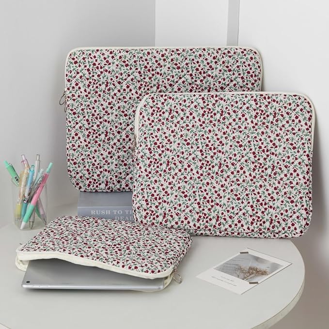 Puffy Laptop Sleeve 13-15.6 Inch Cute Quilted Laptop Protective Case Padded Floral Computer Sleeve for MacBook (B-red, 13 Inch)