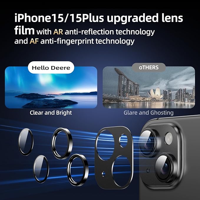 Compatible with iPhone 15/iPhone 14/iPhone 14 Plus/iPhone 15 Plus Camera Lens Protector, [Case-Friendly][Strong Adsorption][AR Anti-Reflection] Tempered Glass Full Coverage,Black