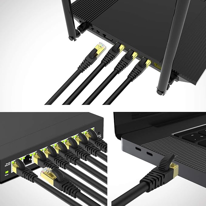 KASIMO CAT 8 Ethernet Cable 5 Feet, 10 Pack Black Shielded SFTP Internet Network Patch Cord, Heavy Duty High Speed LAN Cables w Gold Plated RJ45 Connector Professional for Router, Modem, Gaming