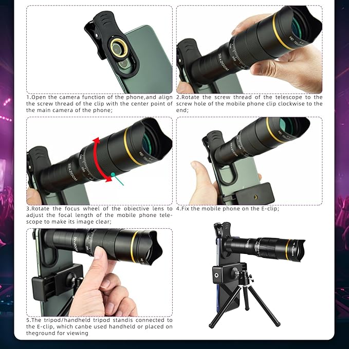 Phone Camera Lens Kit, 32X Long Focus Telephoto, Portable Clip-on HD Phone Zoom Telescope Lens, 0.63X Wide Angle Lens, 198° Fisheye Lens, with Universal Clip and Tripod, for Photo Videos