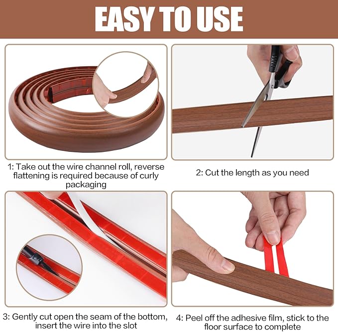 Floor Cord Cover Self Adhesive Cord Hider,20FT Cable Management, Extension Strip Protector for Wires, Prevent Cable Trips for Offices, Gyms, Exhibitions Cavity:0.39"(W) x0.27(H) Wood Red Teak