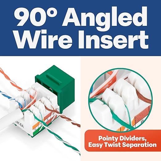 Everest 90° Angled RJ45 Cat6A Keystone Jacks 10-Pack in Green - Slim Profile Female RJ45 Connectors - Cat 6A Keystone Jack - Compatible with 90° Angled Speed Termination Tool - easyJACK (B094WB91H3)