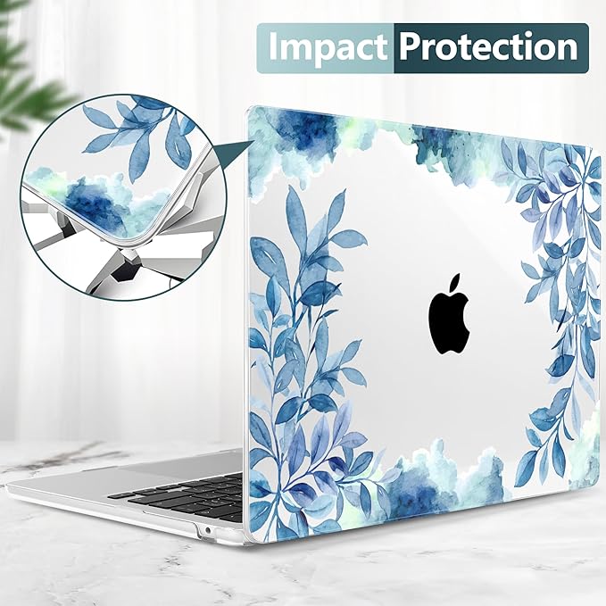 TWOLSKOO for M4 MacBook Air 13.6 inch Case 2025-2022 Release M4 A3240 M3 A3113 M2 A2681, Plastic Hard Shell & Screen Protector & Keyboard Cover & Trackpad Film, Blue Floral