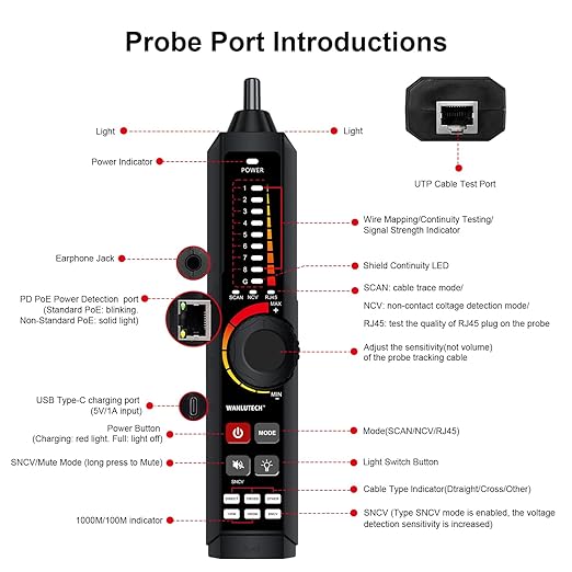 Rechargeable Network Cable Tester, WANLUTECH Tone Generator with Probe Support Digital Multimeter Optical Power Meter Visual Fault Locator Network Test PoE Test Cable Continuity Testing (LT-600M)