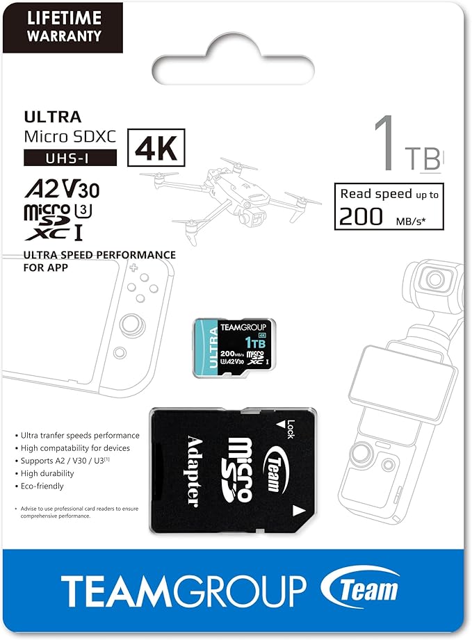 TEAMGROUP A2 Ultra Card 1TB Micro SDXC UHS-I U3 A2 V30, R/W up to 200/170 MB/s with Adapter TULMSDX1TIA2V3022503