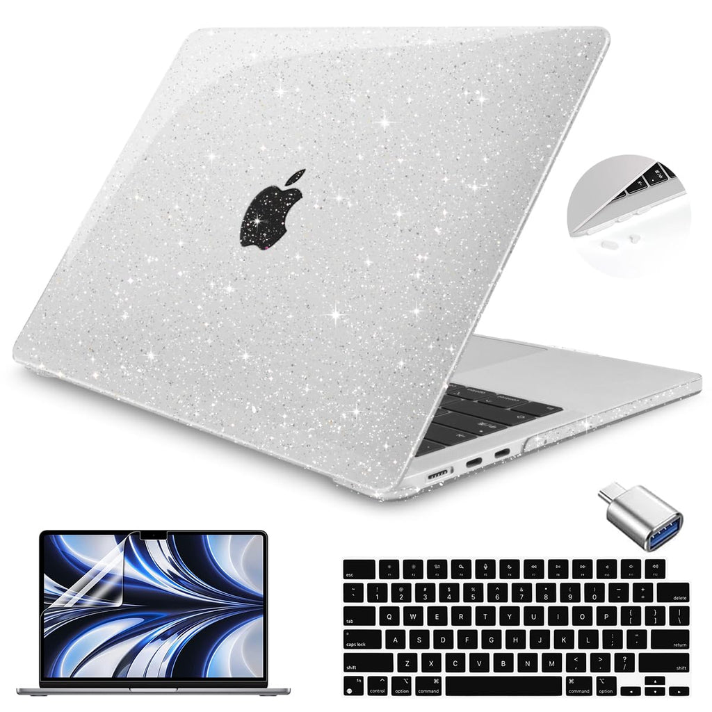 Teryeefi Compatible with MacBook Air 15 inch Case M4 M3 M2 Chip 2025 2024 2023 Release A3241 A3114 A2941 Model with Keyboard Cover + Type C Adapter for Air 15.3 Transparent Case, Glitter Clear