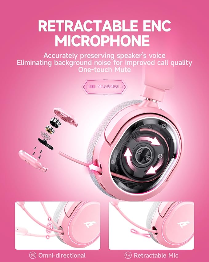 Wireless Gaming Headset, 7.1 Surround Sound, 2.4GHz USB Gaming Headphones with Bluetooth 5.4, 100H Battery, ENC Noise Canceling Mic, RGB Light, Wireless Headset for PC PS5 PS4 Mac Switch (Gray-Pink)