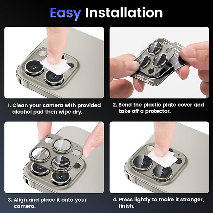 Tensea for iPhone 16 Pro/iPhone 16 Pro Max/iPhone 15 Pro/iPhone 15 Pro Max Camera Lens Protector, Metal Aluminum Alloy Tempered Glass Cover Camera Screen Protector Accessories, Case Friendly