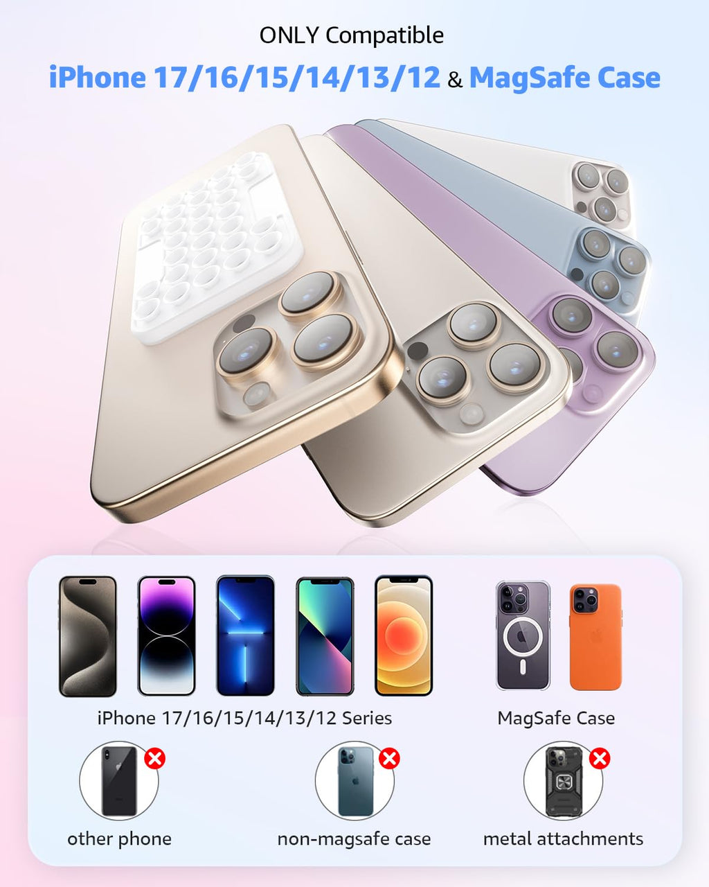 SUPERONE Magnetic Suction Phone Mount for MagSafe Case, Magnetic Silicone Sticky Phone Grip Holder for iPhone 17/16/15/14/13/12 Series, Hands-Free for Makeup/Selfie/Live Streaming/Vlog/TikTok - Clear