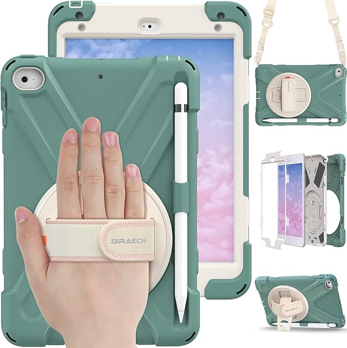 BRAECN iPad mini 5 Case,iPad mini 4 Case, Heavy Duty Shockproof Protective Rugged Case with Pencil Holder,Hand Strap,Kickstand, Shoulder Strap for iPad mini 5th/4th Generation 7.9 Inch for Kids
