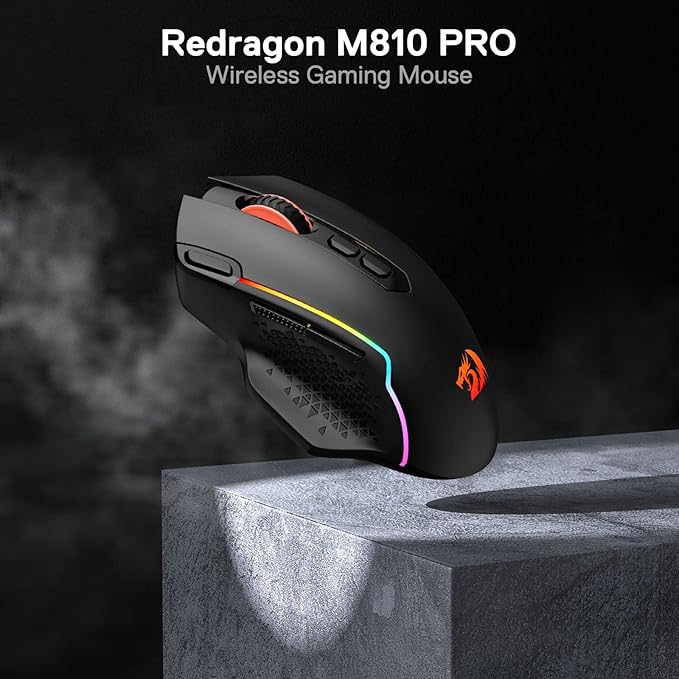 Redragon M810 Pro Wireless Gaming Mouse, 10000 DPI Wired/Wireless Gamer Mouse w/Rapid Fire Key, 8 Macro Buttons, 45-Hour Reliable Power Capacity and RGB Backlit for PC/Mac/Laptop