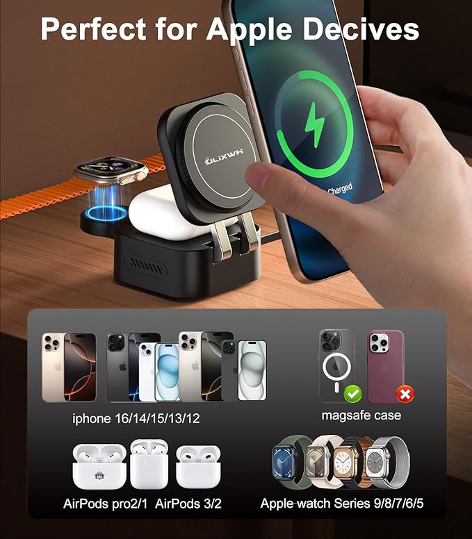 Retractable 3 in 1 Charging Station for Apple, 15W Fast for Magsafe Foldable Magnetic Wireless Charging Stand with Retractable Cable, for Travel, for iPhone 16/15/14/13, Apple Watch, AirPods