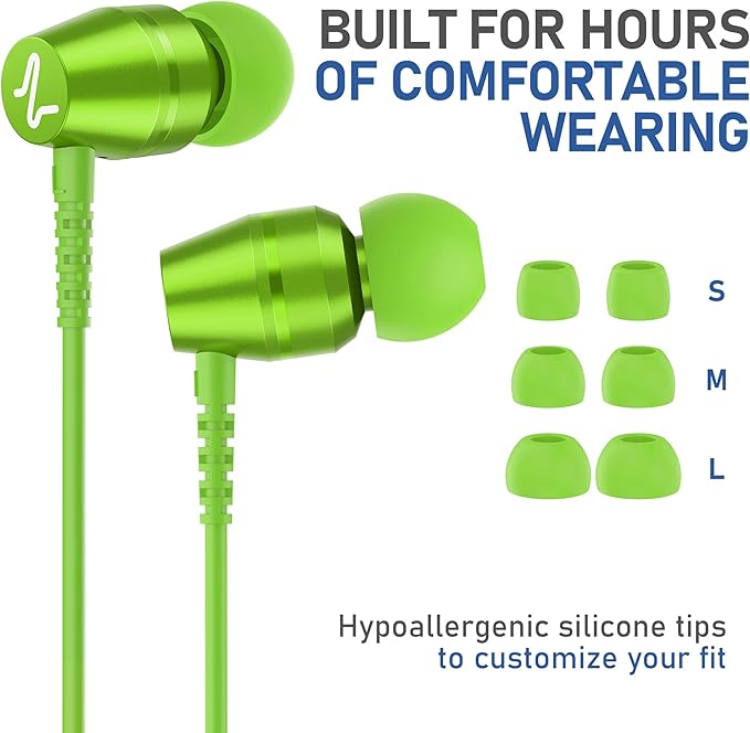 LUDOS OMNITONE Wired Earbuds in-Ear Headphones, 5 Years Warranty, Earphones with Microphone, 3.5 mm Jack Corded Ear Buds, Videoconference for iPhone, Samsung, Laptop, Kids, School Students - Green