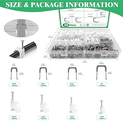 800Pcs 4mm 6mm 8mm 10mm J-Hook Ethernet Cable Nails Wire Clips with Steel Nails and 5/8" 3/4" 1/2" 1" Insulated U Staple Nail for Home Office Business