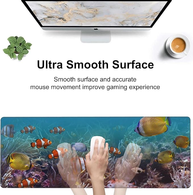 Vibrant Underwater World Desk Mat,Large Tropical Fishes on Coral Reefs Gaming Keyboard Mouse Pad,Non-Slip Rubber Base Desk Pad Thick Stitched Edges Waterproof Mousepad Mouse Mat 31.5"x11.8"