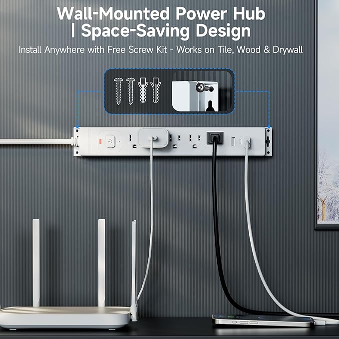 15 Ft Power Strip Surge Protector with USB Ports, Flat Plug Extension Cord, 5 AC Outlets and 3 USB Charging Ports, Wall Mountable, ETL Listed – White for Home, Office, Dorm