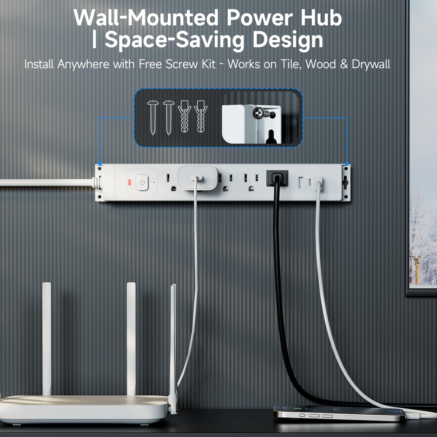 15 Ft Power Strip Surge Protector with USB Ports, Flat Plug Extension Cord, 5 AC Outlets and 3 USB Charging Ports, Wall Mountable for Home, Office, Dorm