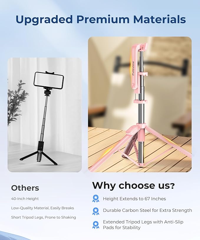 67‘’ Selfie Stick Tripod, Phone Tripod with Wireless Remote Control, Portable Selfie Stick for Photograph, Live Streaming, Video Recording, Compatible with All Cell Phones, Pink