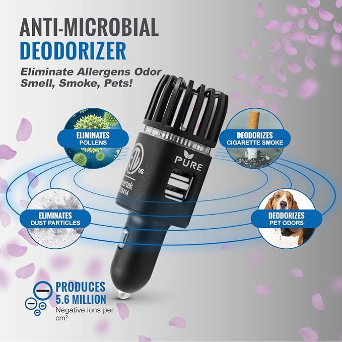 Car Air Purifier ARB Certified 3in1 Premium Stainless Steel Air Filter Ionizer w/Dual USB Ports - Eliminate Allergens Odor Smell, Smoke, Pets, Pollen Mold Bacteria w/Anti-Microbial Deodorizer