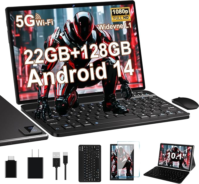 Android Tablet with Keyboard, 10 inch Android 14 Tablets 22GB+128GB, Octa-Core CPU, 8000mAh, HD IPS Display, 5G WiFi, BT 5.0, GPS, Widevine L1, 1TB Expandable, Mouse, Split Screen, Metal Body -Black