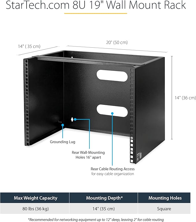 StarTech.com 8U Wall Mount Patch Panel Bracket - 13.75 inch Deep - 19" Patch Panel Rack & 1U Server Rack Shelf - Universal Vented Rack Mount Cantilever Tray, Black (CABSHELFV1U)