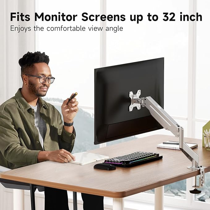 Suptek Single Monitor Mount Stand,Gas Spring Monitor Arm Desk Mount Fully Adjustable for 17 20 22 23 24 26 27 inch Monitors Weight Capacity up to 13.2 lbs (Silver)