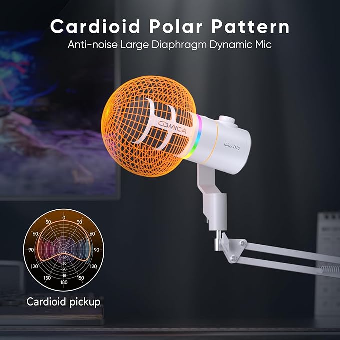 COMICA EJoy D10(A) USB Gaming Microphone – Boom Arm Mic with Noise Cancellation, XLR/USB-C, Real-Time Monitoring, Muting, RGB Professional Studio Mic for Gaming, Streaming, Podcast, Recording (White)