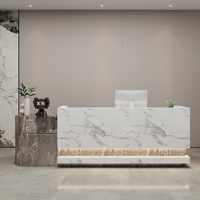 Front Desk Reception Counter - Lockable Storage & Keyboard Tray | Reception Desk with Counter, Customizable Large Counter Table (Grey+White, 80'')