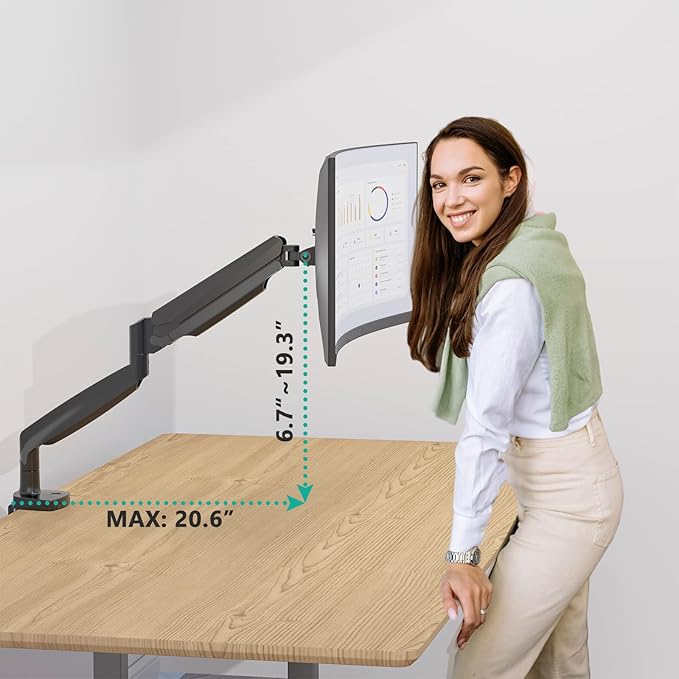 WALI Single Monitor Arm, Gas Spring Monitor Mount for Max 35 inches - 26.4 lbs Screen, Ultrawide Computer Monitors Stand with C Clamp and Grommet Base (GSMP001XL), Black
