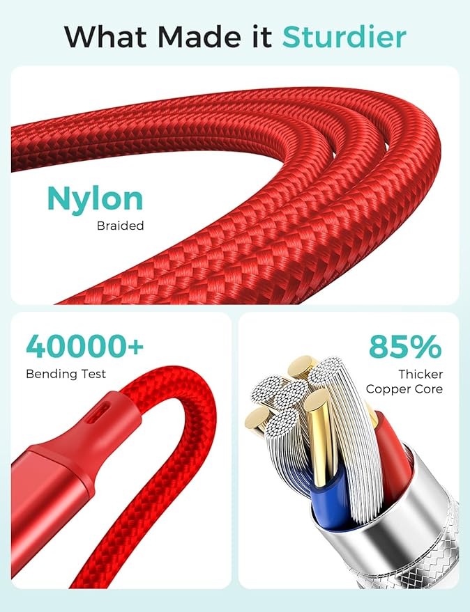 2Pack Travel Essentials Multi Charging Cable for Watch Charger 4 in 1 Fast Charger Camping Essentials USB C/L/Micro Compatible with Watch Series 10-1/SE/Ultra Phone 16 15/Galaxy Android-4FT/Red