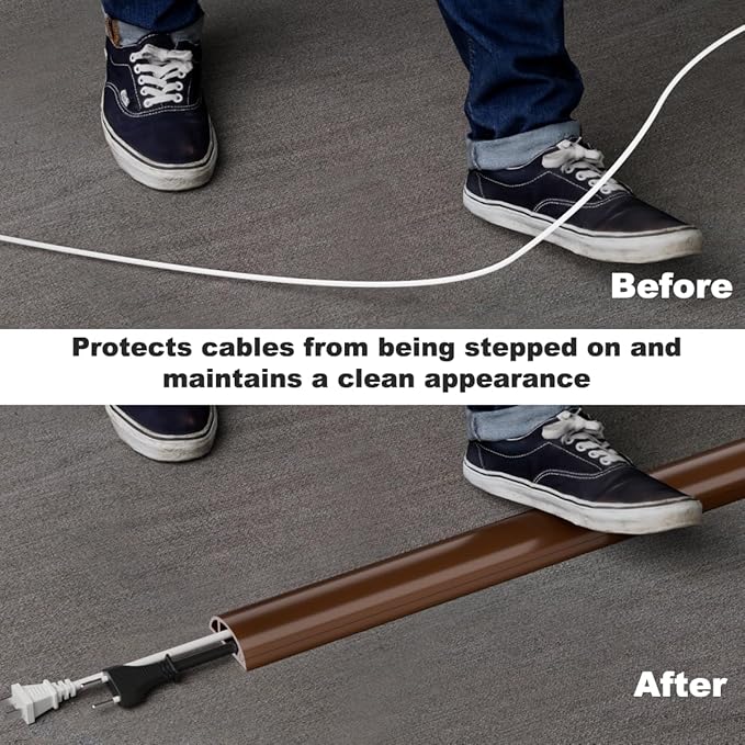 4FT Side-Open Extension Cord Covers for Wires on Floor,Silicone Power Cable Protector Cord Hider Management Strip,Hide Electric Wire on Carpet,Chord Runner Protective Safety Wiremold,Brown