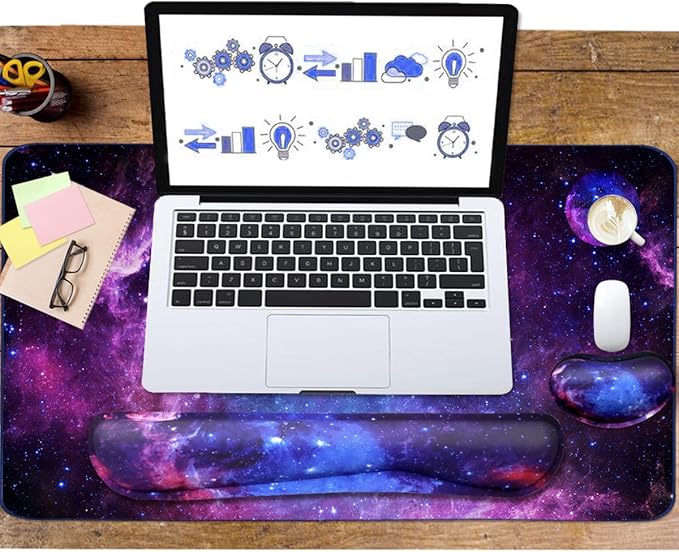 Large Mouse Pad and Keyboard Wrist Rest, Desk Pad for Keyboard and Mouse, 4-in-1 Large Gaming Mouse Pad with Wrist Support, Desk Mat for Home Office Study Game-Galaxy Fluid